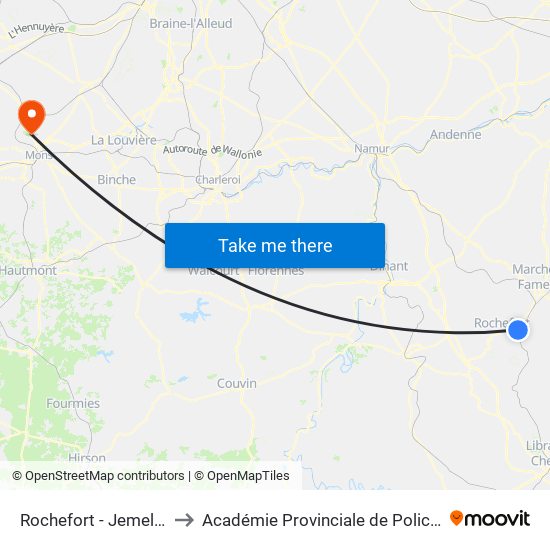 Rochefort - Jemelle Gare to Académie Provinciale de Police - Jurbise map