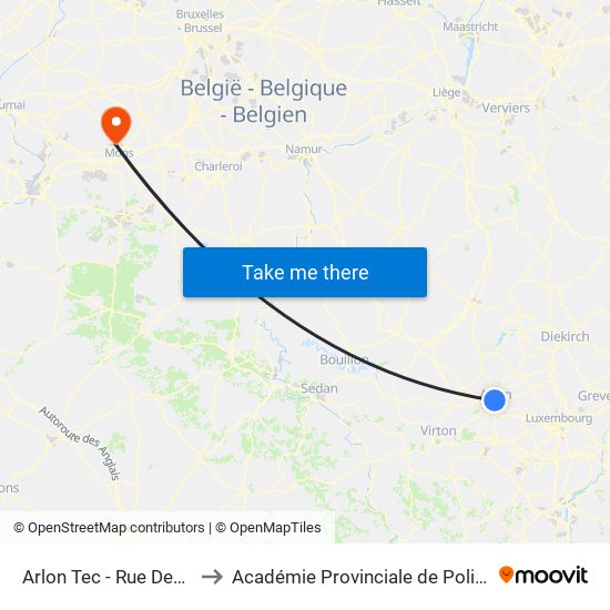 Arlon Tec - Rue Des Genêts to Académie Provinciale de Police - Jurbise map