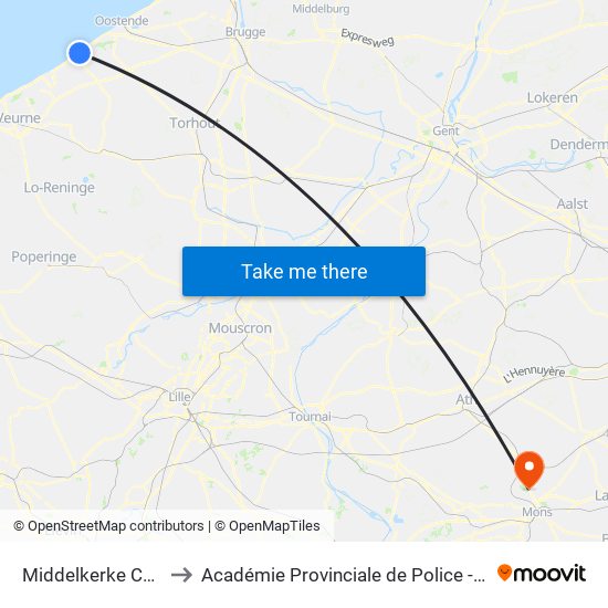 Middelkerke Casino to Académie Provinciale de Police - Jurbise map