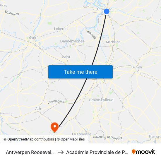 Antwerpen Roosevelt Perron A1 to Académie Provinciale de Police - Jurbise map