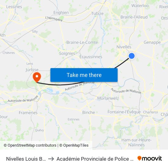 Nivelles Louis Braille to Académie Provinciale de Police - Jurbise map