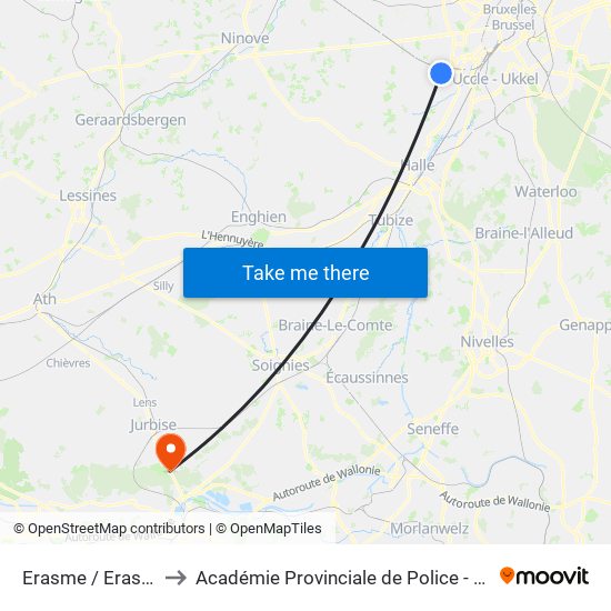 Erasme / Erasmus to Académie Provinciale de Police - Jurbise map
