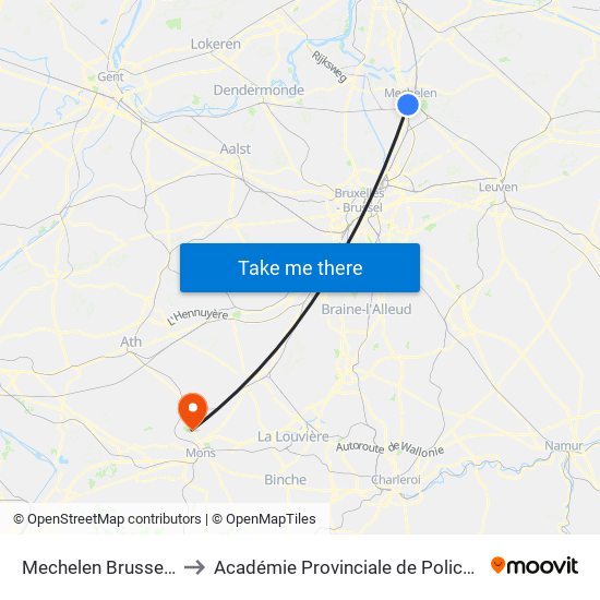 Mechelen Brusselpoort to Académie Provinciale de Police - Jurbise map