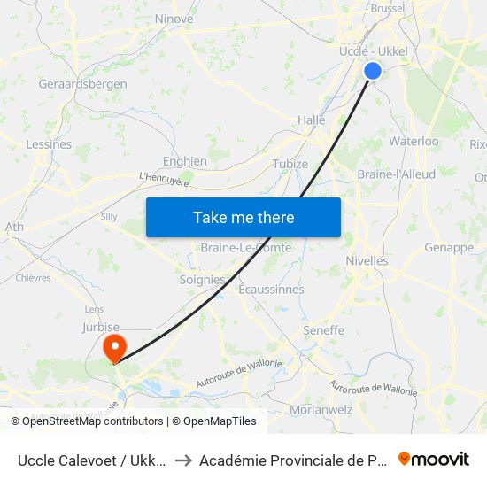 Uccle Calevoet / Ukkel Kalevoet to Académie Provinciale de Police - Jurbise map