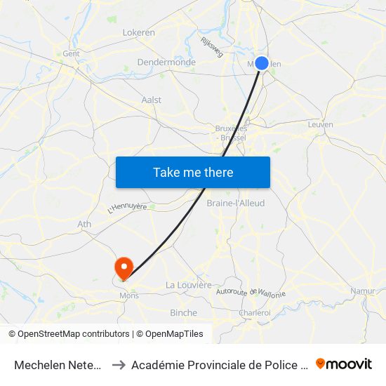 Mechelen Netestraat to Académie Provinciale de Police - Jurbise map