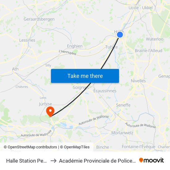 Halle Station Perron 0 to Académie Provinciale de Police - Jurbise map