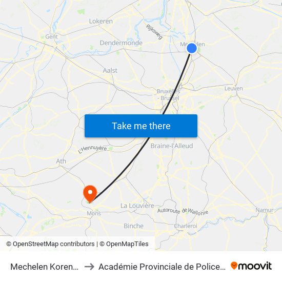 Mechelen Korenmarkt to Académie Provinciale de Police - Jurbise map