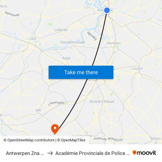 Antwerpen Zna Cadix to Académie Provinciale de Police - Jurbise map