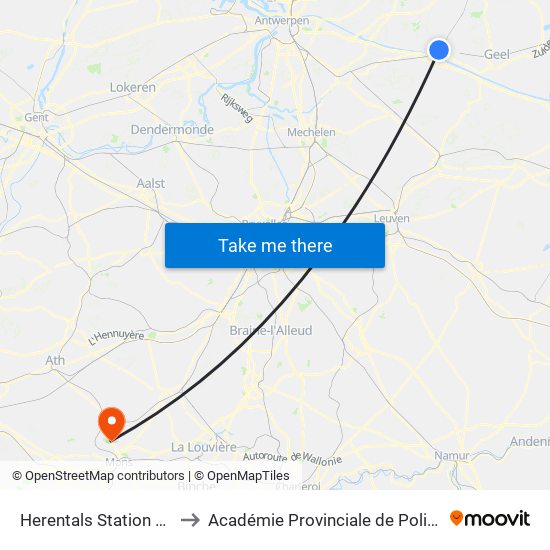 Herentals Station Perron 1 to Académie Provinciale de Police - Jurbise map