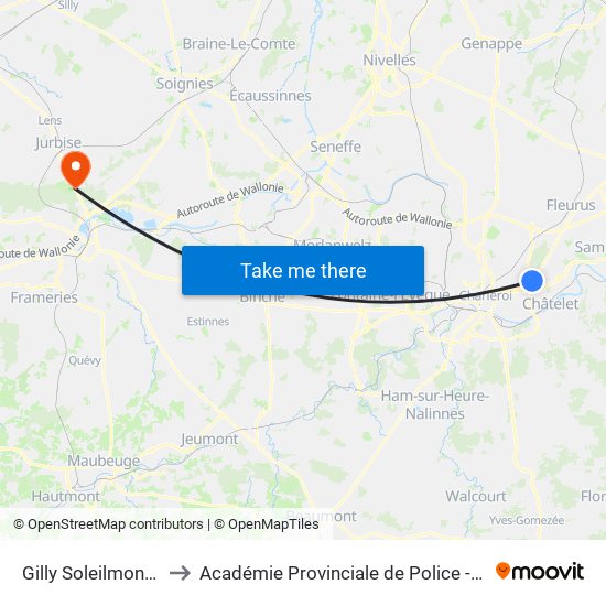 Gilly Soleilmont (M) to Académie Provinciale de Police - Jurbise map