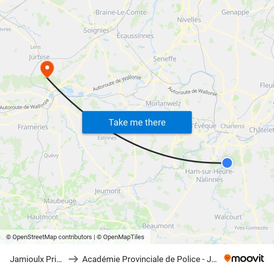 Jamioulx Prison to Académie Provinciale de Police - Jurbise map