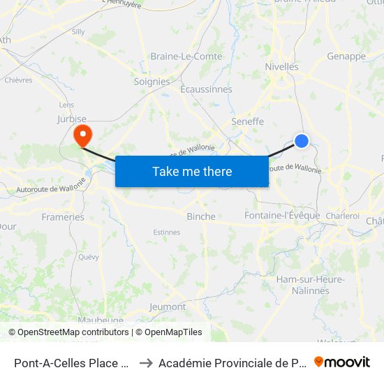Pont-A-Celles Place Communale to Académie Provinciale de Police - Jurbise map