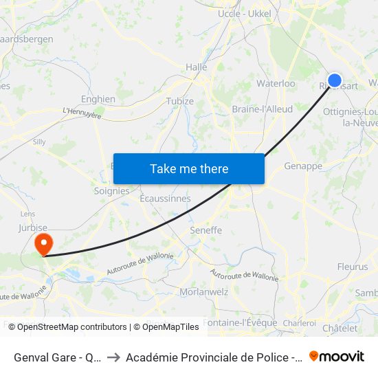 Genval Gare - Quai 1 to Académie Provinciale de Police - Jurbise map