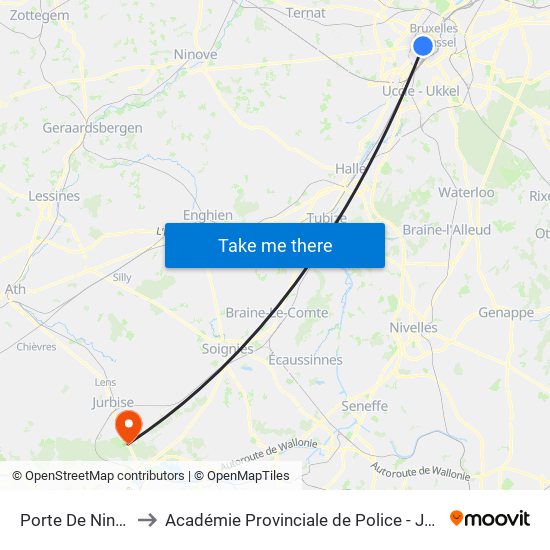 Porte De Ninove to Académie Provinciale de Police - Jurbise map