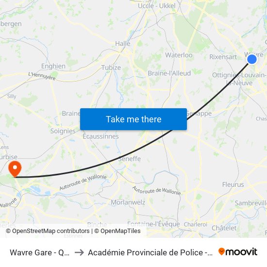 Wavre Gare - Quai 5 to Académie Provinciale de Police - Jurbise map