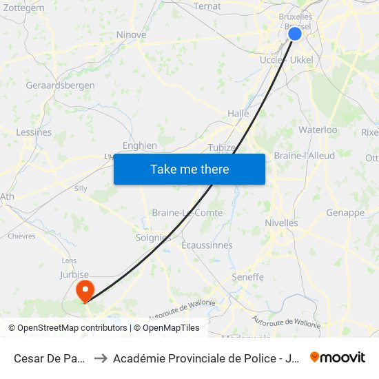 Cesar De Paepe to Académie Provinciale de Police - Jurbise map