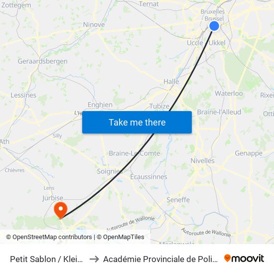 Petit Sablon / Kleine Zavel to Académie Provinciale de Police - Jurbise map