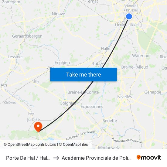 Porte De Hal / Hallepoort to Académie Provinciale de Police - Jurbise map