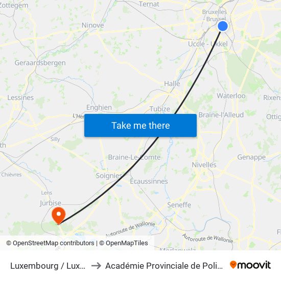 Luxembourg / Luxemburg to Académie Provinciale de Police - Jurbise map