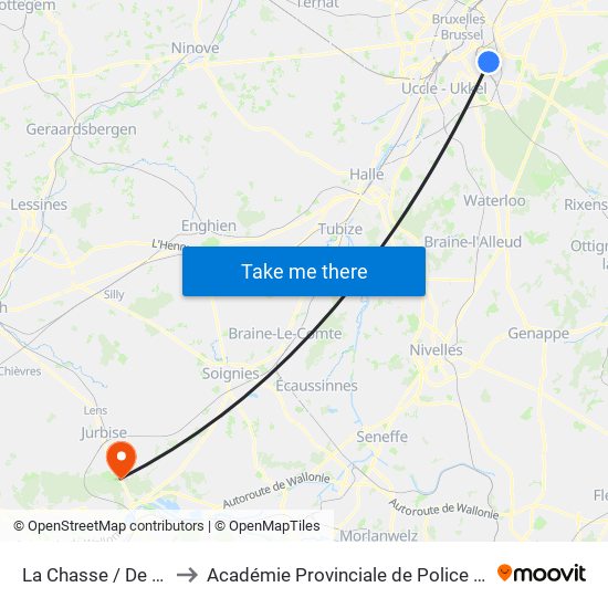 La Chasse / De Jacht to Académie Provinciale de Police - Jurbise map