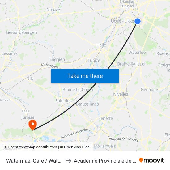 Watermael Gare / Watermaal Station to Académie Provinciale de Police - Jurbise map