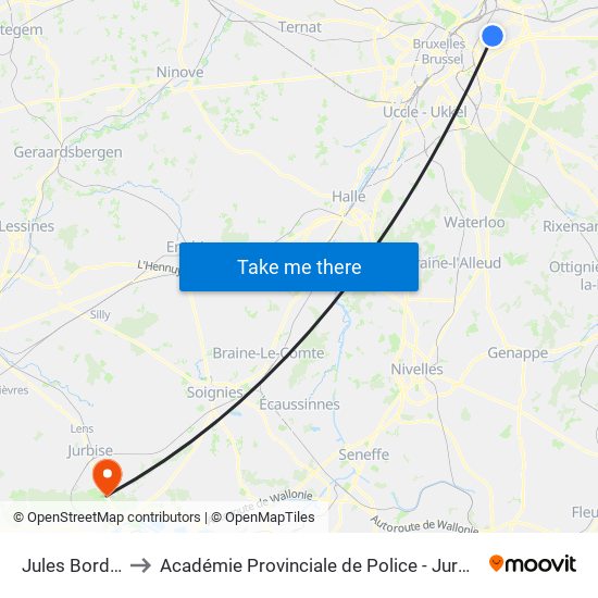 Jules Bordet to Académie Provinciale de Police - Jurbise map