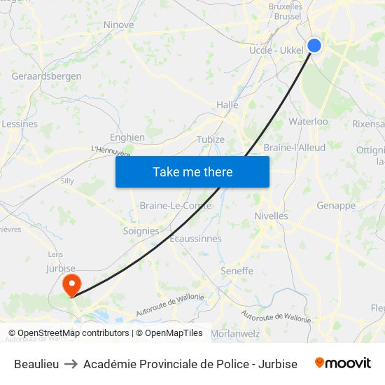 Beaulieu to Académie Provinciale de Police - Jurbise map