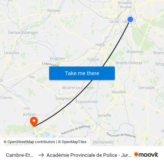 Cambre-Etoile to Académie Provinciale de Police - Jurbise map