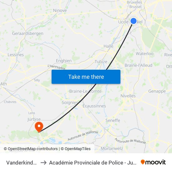 Vanderkindere to Académie Provinciale de Police - Jurbise map