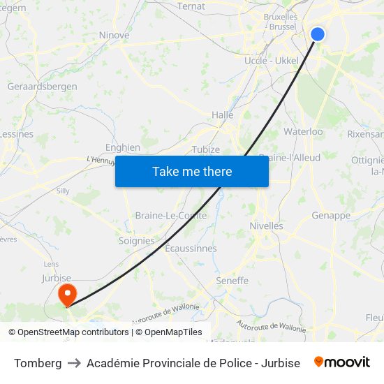 Tomberg to Académie Provinciale de Police - Jurbise map