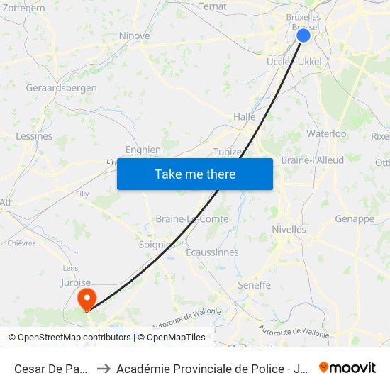 Cesar De Paepe to Académie Provinciale de Police - Jurbise map