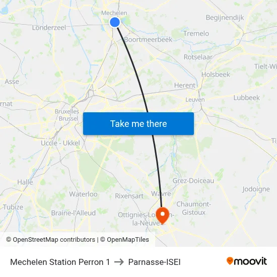 Mechelen Station Platform 1 to Parnasse-ISEI map
