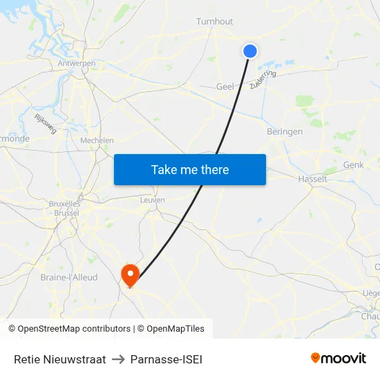 Retie Nieuwstraat to Parnasse-ISEI map