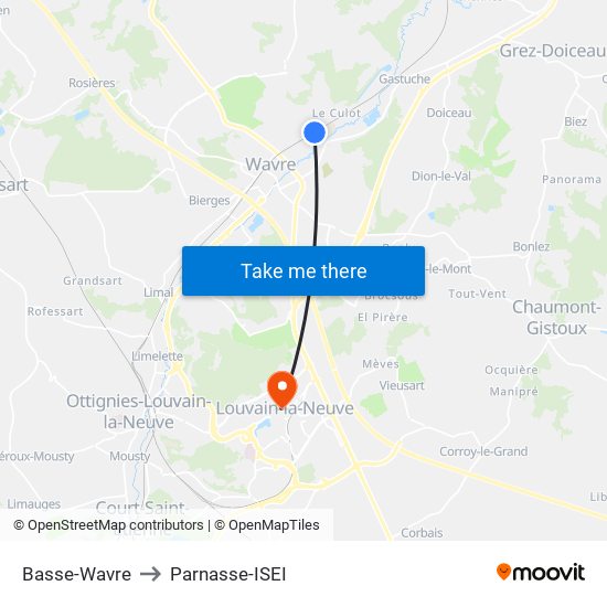 Basse-Wavre to Parnasse-ISEI map