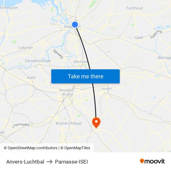 Anvers-Luchtbal to Parnasse-ISEI map