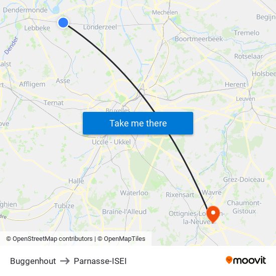 Buggenhout to Parnasse-ISEI map