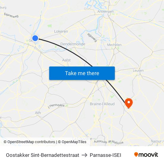 Oostakker Sint-Bernadettestraat to Parnasse-ISEI map