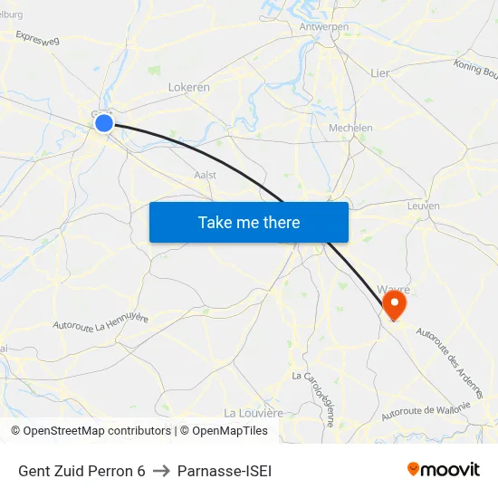 Ghent South Platform 6 to Parnasse-ISEI map