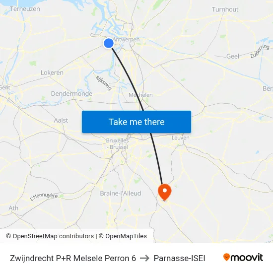 Zwijndrecht P+R Melsele Platform 6 to Parnasse-ISEI map