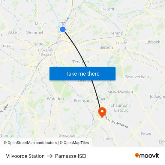 Vilvoorde Station to Parnasse-ISEI map