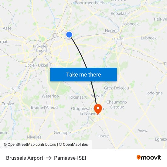 Brussels Airport to Parnasse-ISEI map