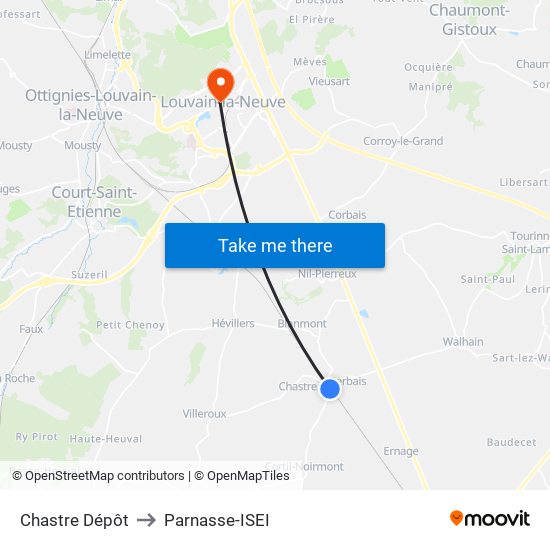 Chastre Dépôt to Parnasse-ISEI map