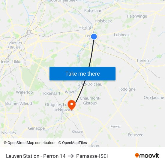 Leuven Station - Perron 14 to Parnasse-ISEI map