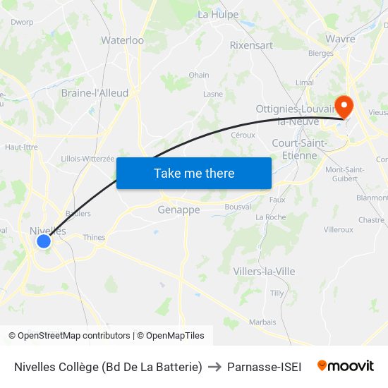 Nivelles Collège (Bd De La Batterie) to Parnasse-ISEI map