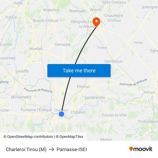 Charleroi Tirou (M) to Parnasse-ISEI map