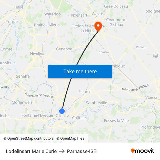 Lodelinsart Marie Curie to Parnasse-ISEI map