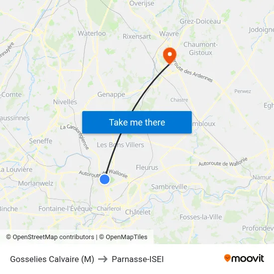 Gosselies Calvary (M) to Parnasse-ISEI map
