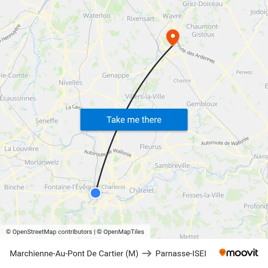 Marchienne-Au-Pont De Cartier (M) to Parnasse-ISEI map