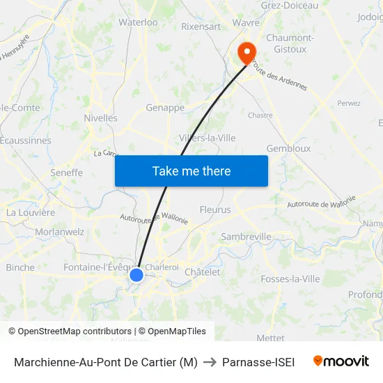 Marchienne-Au-Pont De Cartier (M) to Parnasse-ISEI map