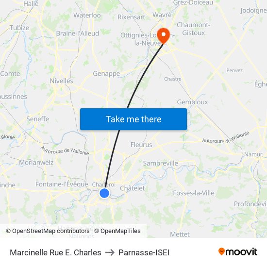 Marcinelle Rue E. Charles to Parnasse-ISEI map